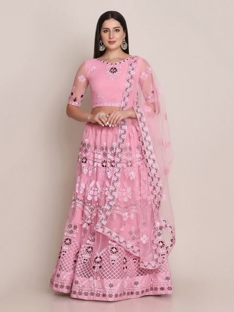 

Warthy Ent Pink & White Embroidered Semi-Stitched Lehenga & Unstitched Blouse With Dupatta