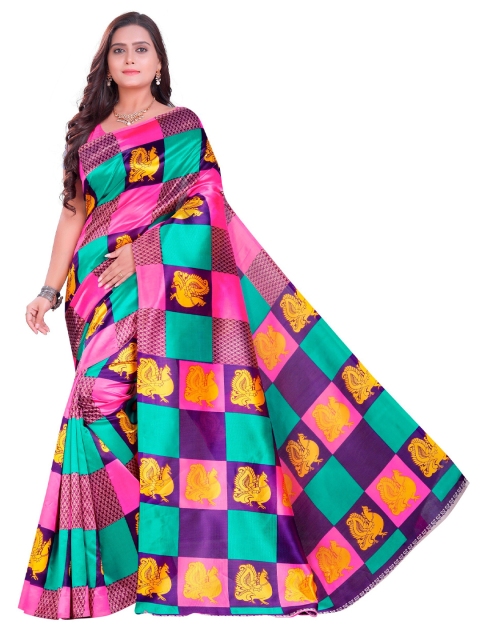 

Yashika Pink & Green Ethnic Motifs Printed Art Silk Saree
