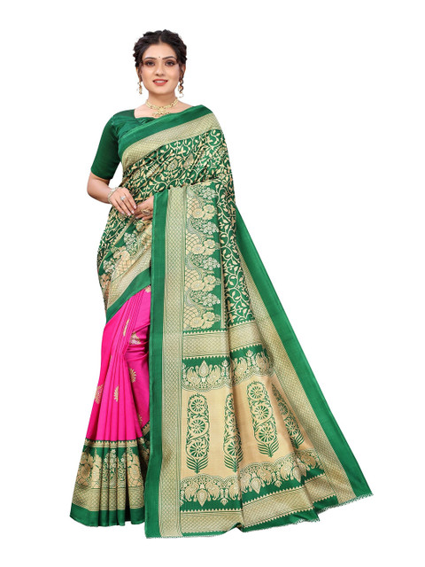 

Yashika Pink & Green Ethnic Motifs Art Silk Saree