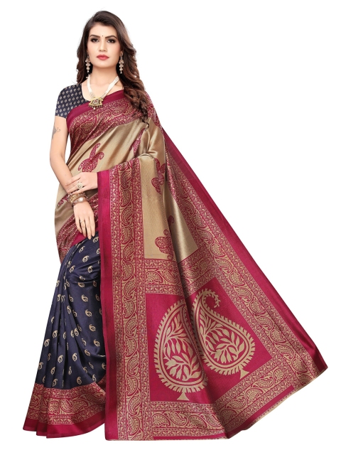 

Yashika Navy Blue & Beige Ethnic Motifs Art Silk Half and Half Saree