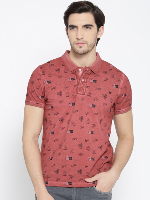 

Jack & Jones Men Dusty Pink Printed Polo Collar T-shirt