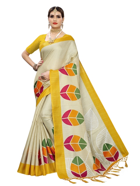 

Yashika Cream-Coloured & Yellow Geometric Printed Art Silk Saree