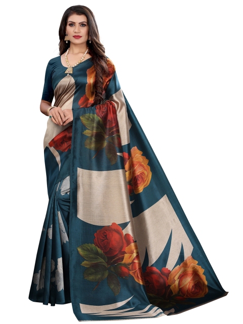 

Yashika Blue & Orange Floral Art Silk Saree