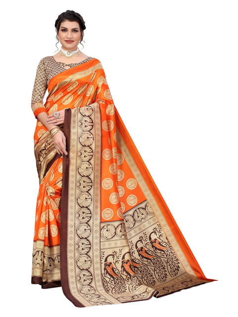 

Yashika Orange & Brown Ethnic Motifs Art Silk Saree