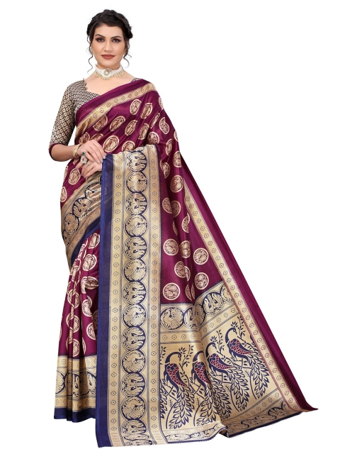 

Yashika Purple & Blue Floral Printed Art Silk Saree