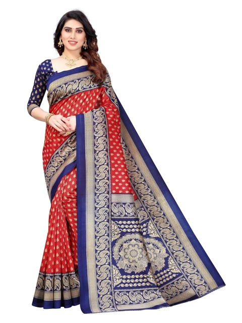 

Yashika Red & Navy Blue Ethnic Motifs Printed Art Silk Saree