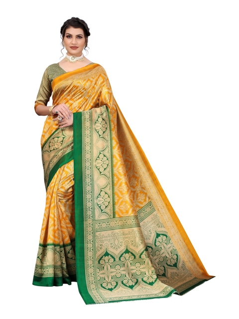 

Yashika Yellow & Green Floral Art Silk Saree