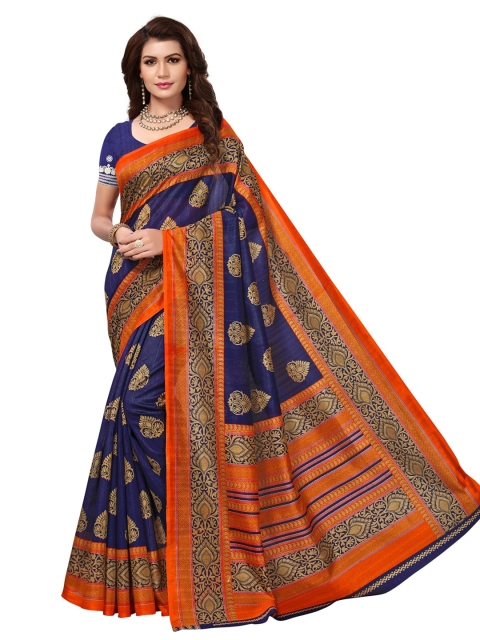 

Yashika Navy Blue & Orange Ethnic Motifs Art Silk Saree