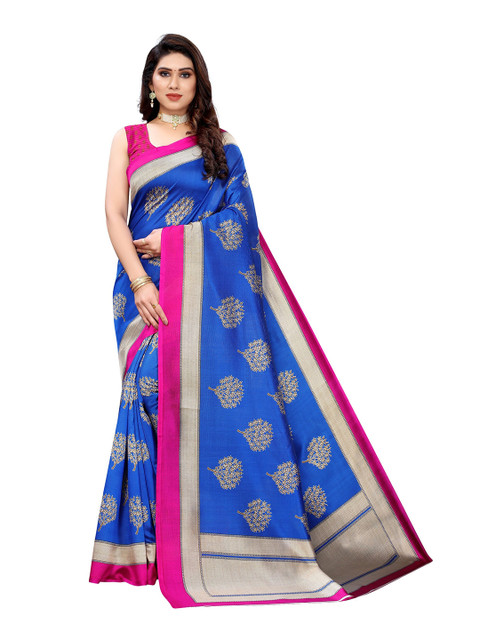 

Yashika Blue & Pink Floral Art Silk Saree