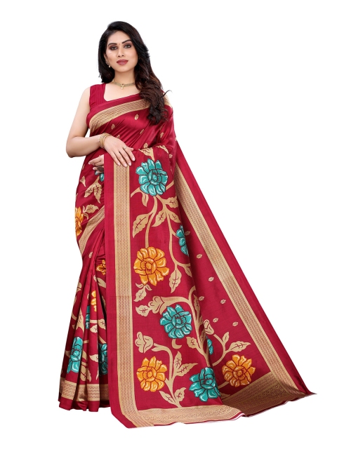 

Yashika Red & Blue Floral Printed Art Silk Saree