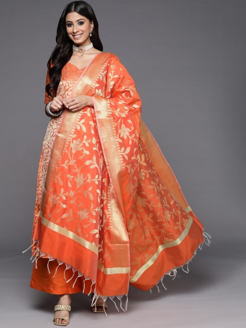 

Inddus Orange & Gold-Toned Unstitched Dress Material