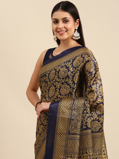 

Anouk Navy Blue & Red Half & Half Ethnic Motifs Jute Silk Bhagalpuri Saree