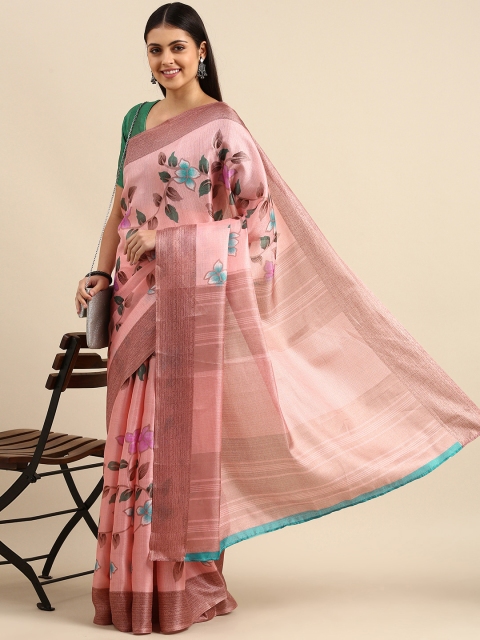 

Anouk Pink & Blue Floral Printed Jute Silk Bhagalpuri Saree