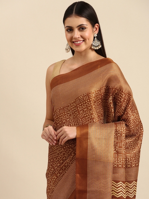 

Anouk Rust Brown Ethnic Motifs Jute Silk Bhagalpuri Saree