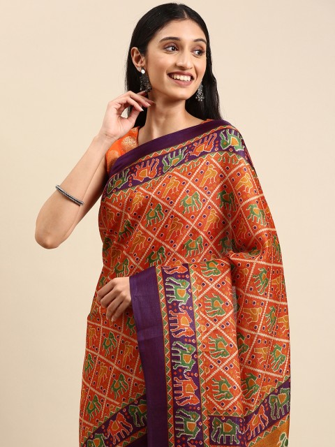 

Anouk Orange Ethnic Motifs Jute Silk Bhagalpuri Saree