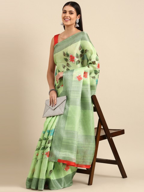 

Anouk Green Floral Jute Silk Bhagalpuri Saree