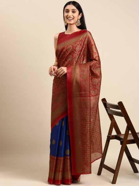 

Anouk Maroon & Blue Ethnic Motifs Print Jute Silk Half & Half Bhagalpuri Saree