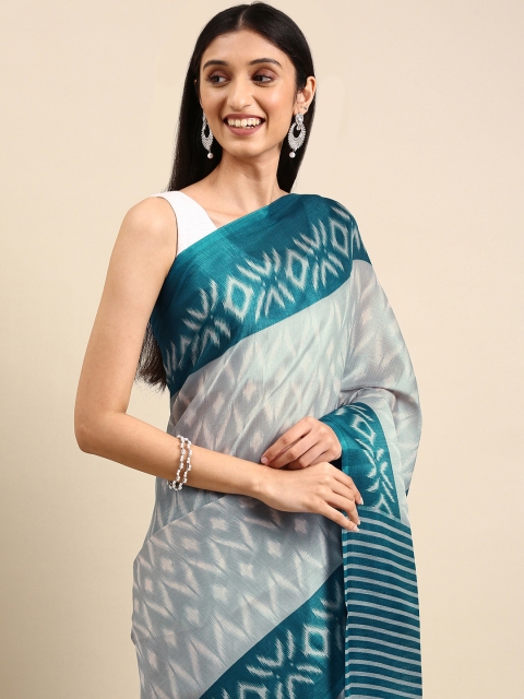 

Anouk Grey & Teal Blue Printed Jute Silk Bhagalpuri Saree