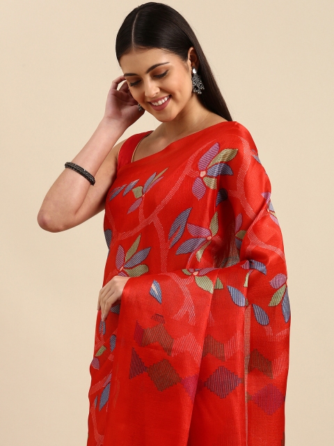 

Anouk Red Floral Print Jute Silk Bhagalpuri Saree