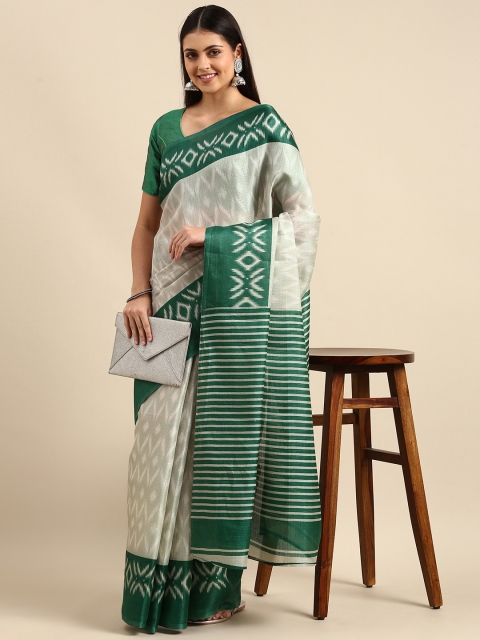 

Anouk Green & White Ethnic Motifs Printed Jute Silk Bhagalpuri Saree