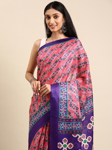 

Anouk Pink & Blue Ethnic Motifs Print Jute Silk Bhagalpuri Saree
