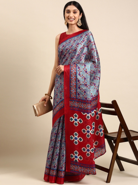 

Anouk Blue & Maroon Ethnic Motifs Print Jute Silk Bhagalpuri Saree