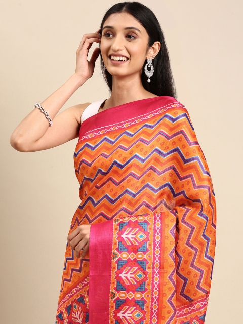 

Anouk Orange & Blue Printed Jute Silk Bhagalpuri Saree