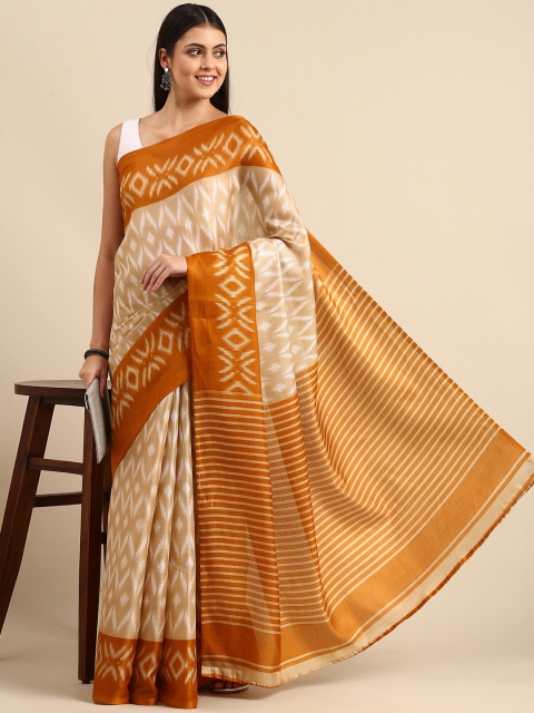

Anouk Beige & Orange Ethnic Motifs Printed Jute Silk Bhagalpuri Saree
