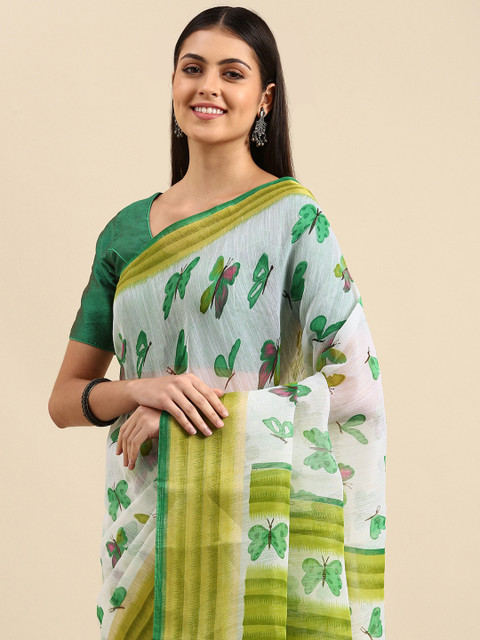 

Anouk Off White & Green Printed Bhagalpuri Saree