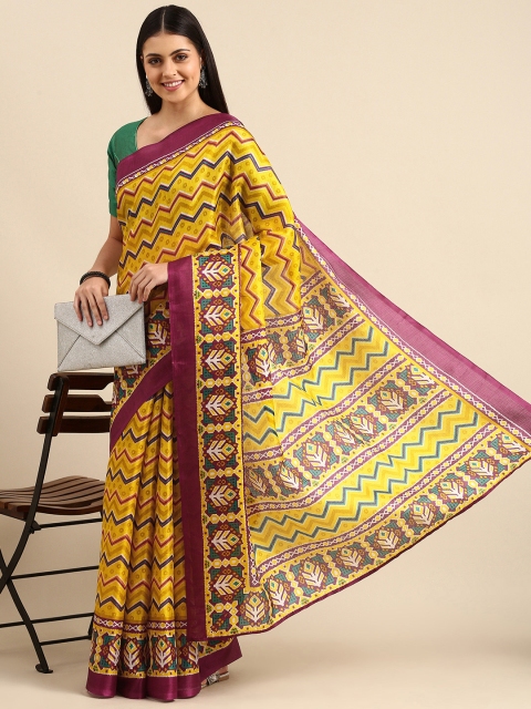 

Anouk Yellow Printed Jute Silk Bhagalpuri Saree