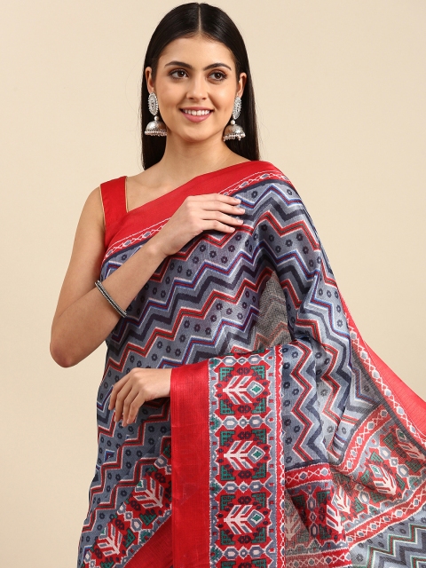 

Anouk Red & Blue Chevron Printed Jute Silk Bhagalpuri Saree