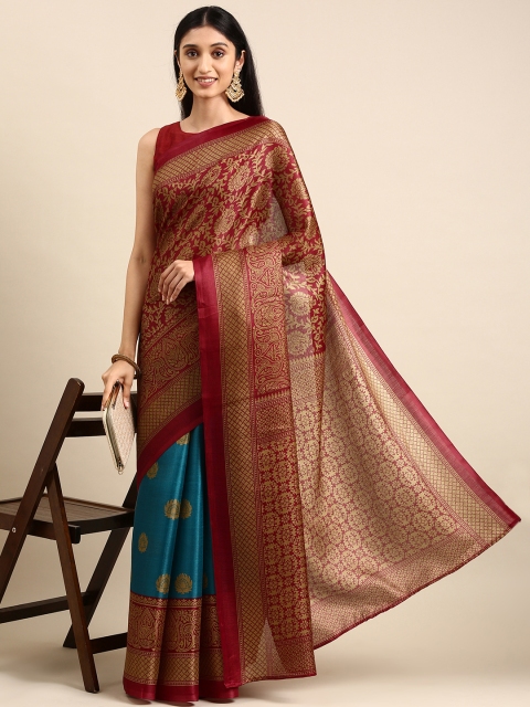

Anouk Maroon & Blue Ethnic Motifs Print Jute Silk Half & Half Bhagalpuri Saree