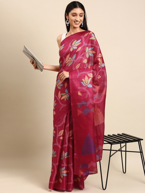 

Anouk Magenta Floral Print Jute Silk Bhagalpuri Saree