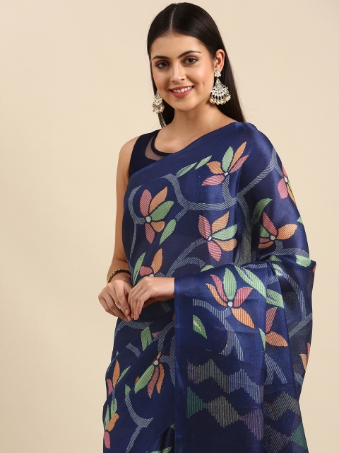 

Anouk Blue Floral Print Jute Silk Bhagalpuri Saree