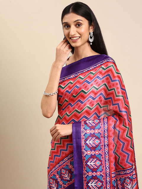 

Anouk Coral Red & Blue Printed Jute Silk Bhagalpuri Saree