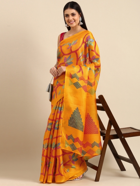 

Anouk Mustard Yellow Floral Print Jute Silk Bhagalpuri Saree