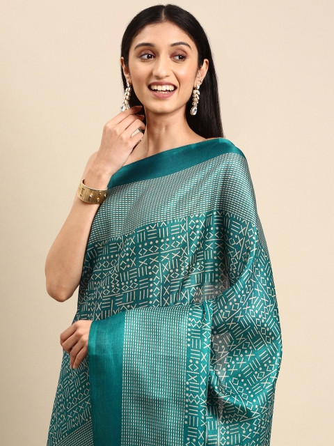 

Anouk Teal Blue Ethnic Motifs Print Jute Silk Bhagalpuri Saree
