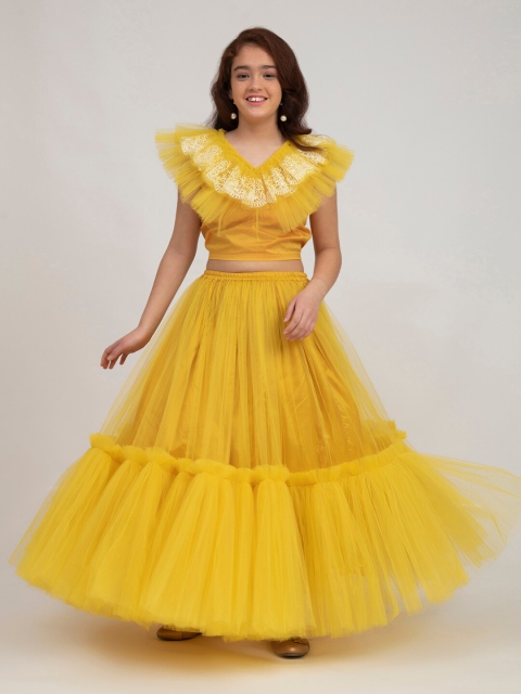 

Bitiya by Bhama Girls Yellow & White Embroidered Ready to Wear Lehenga & Blouse