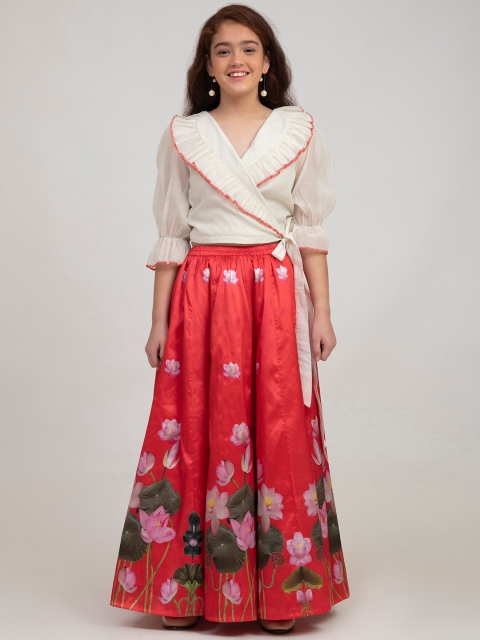 

Bitiya by Bhama Girls Red & Off White Ready to Wear Lehenga Choli