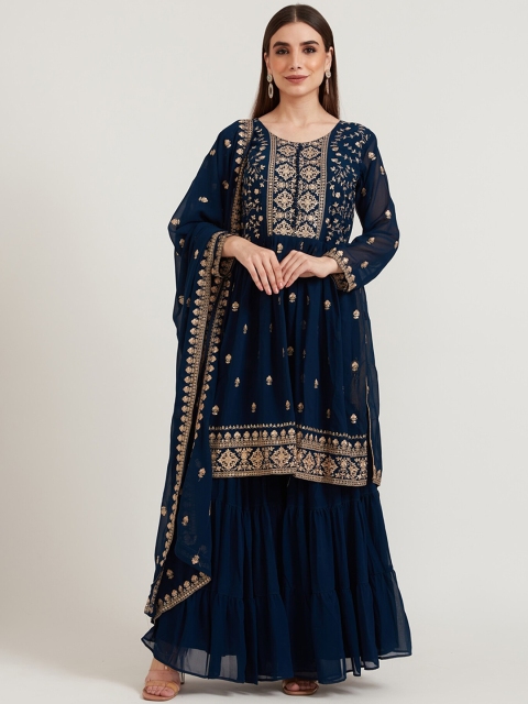 

Neerus Women Blue Ethnic Motifs Printed Kurta with Skirt & Dupatta