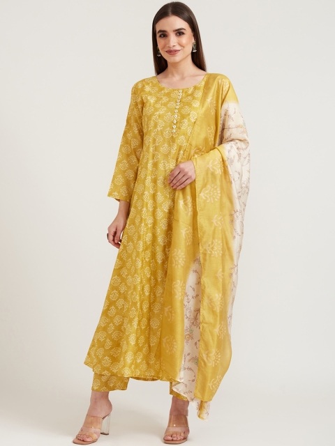 

Neerus Women Yellow Floral Printed Kurta with Trousers & With Dupatta