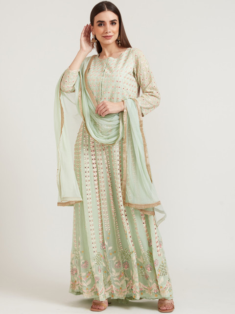 

Neerus Women Green Floral Embroidered Panelled Mirror Work Kurta with Palazzos & With Dupatta