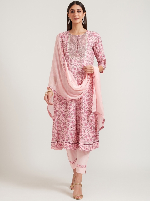 

Neerus Women Pink Printed Mirror Work Kurta with Trousers