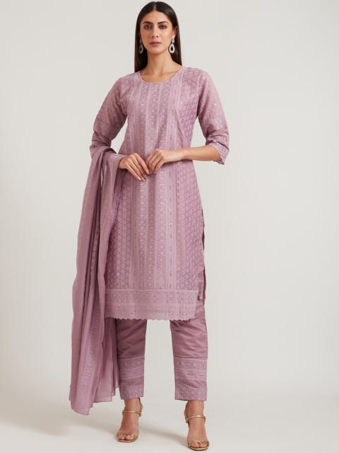 

Neerus Women Lavender Layered Thread Work Chanderi Silk Kurta with Trousers & With Dupatta