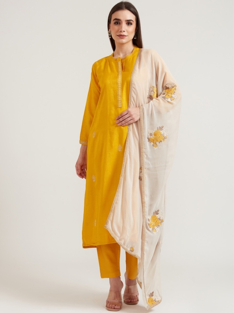 

Neerus Women Yellow Thread Work Kurta with Trousers & With Dupatta