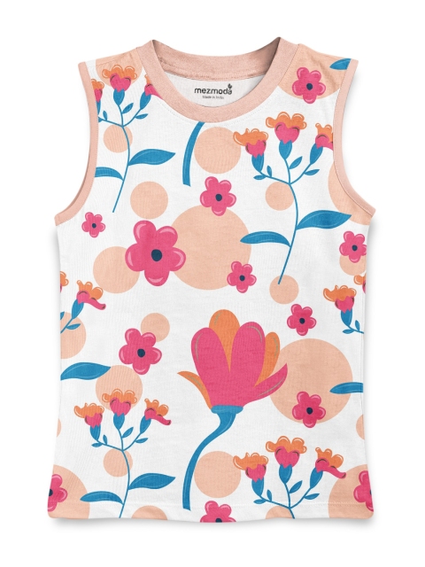 

mezmoda Girls White & Pink Floral Printed T-shirt