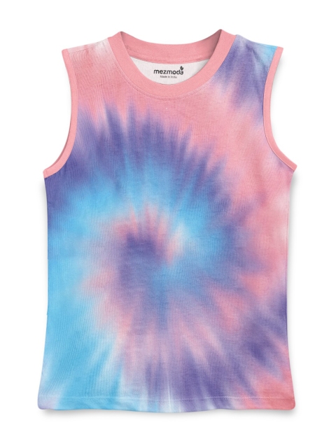 

mezmoda Girls Peach-Coloured & Blue Tie and Dye Dyed T-shirt
