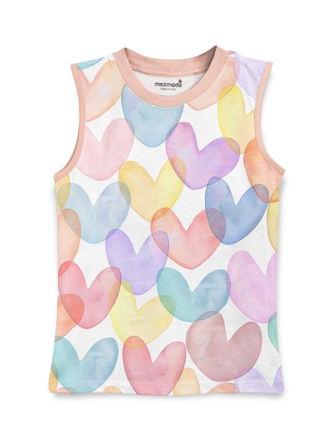 

mezmoda Girls White & Peach-Coloured Printed T-shirt