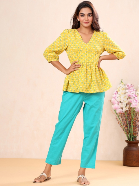 

mirari Women Yellow & Turquoise Blue Printed Night suit