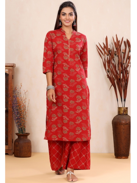 

mirari Red Floral Printed Pure Cotton Kurta with Palazzos